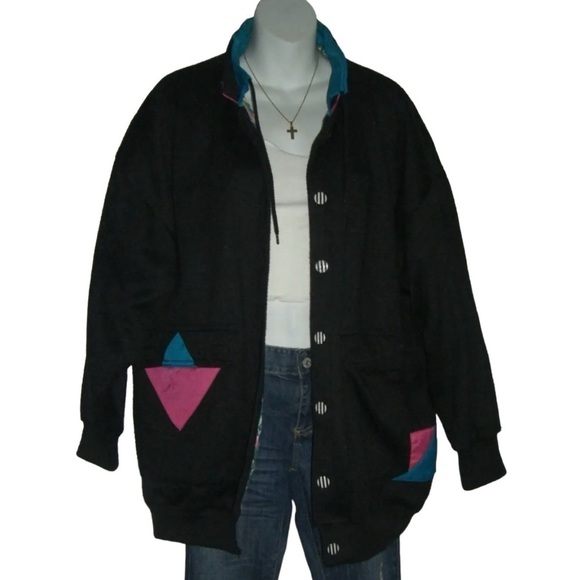 Vintage 80s Jacket Current Seen Black Geometric Stranger Things Mixed Media Pink - Picture 2 of 15